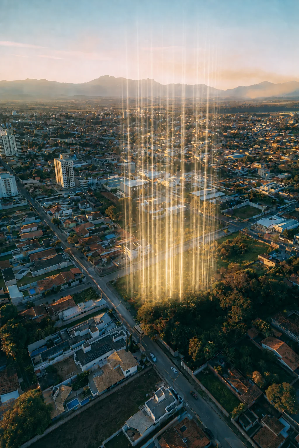Vista aérea de Lorena com o terreno do Paysage destacado por feixes de luz